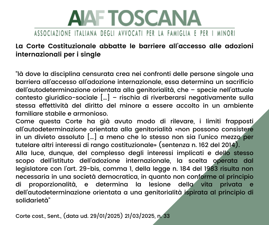 Rassegna giurisprudenziale: La Corte Costituzionale abbatte le barriere all’accesso alle adozioni internazionali per i single